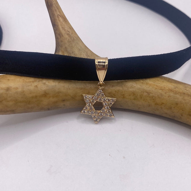 Vintage Gold Star of David Pendant Choker Necklace | 9K Gold Filled Tiny Minimal Jewish Star Velvet Ribbon Statement Charm Choker Necklace