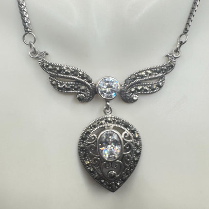 Vintage Clear, diamond cubic zirconia Marcasite Choker Necklace - 925 Sterling Silver Gemstone Pendant Necklace