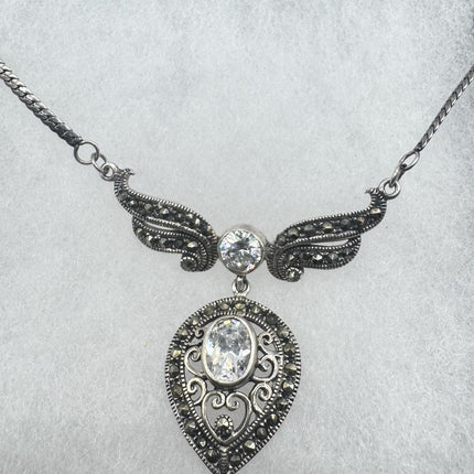 Vintage Clear, diamond cubic zirconia Marcasite Choker Necklace - 925 Sterling Silver Gemstone Pendant Necklace