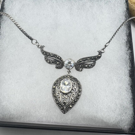 Vintage Clear, diamond cubic zirconia Marcasite Choker Necklace - 925 Sterling Silver Gemstone Pendant Necklace