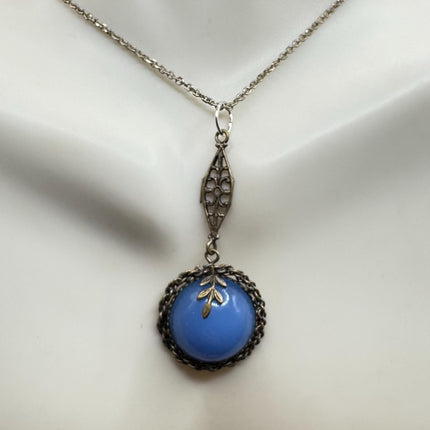 Vintage Tiny Blue Chalsedony Necklace Dainty Sterling Silver Chain Minimalist Crystal 925 Silver Simple Style