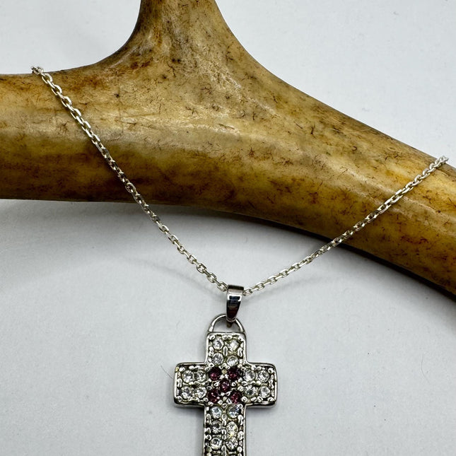 Vintage Silver Cross Pendant | Small Religious Charm Pendant Cubic Zirconia Crystal Diamond | 925 Sterling Silver Chain Prayer Necklace