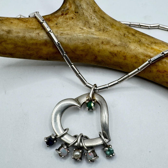 Vintage Green Emerald opal pearl sapphire 925 Sterling Silver Floating Heart Choker Necklace