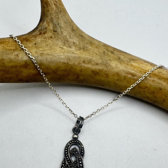 Vintage Marcasite Heart Necklace Dainty 925 Sterling Silver Chain, Delicate Design