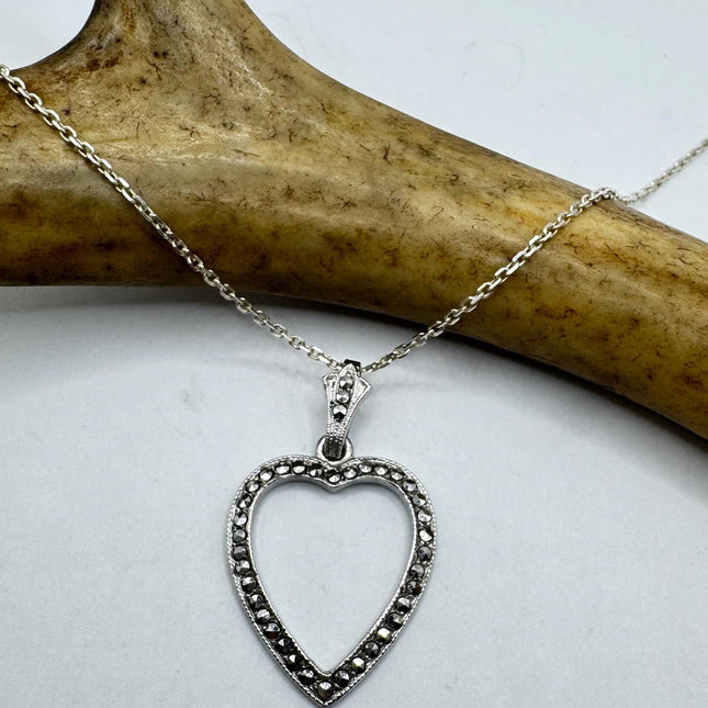 Vintage Marcasite Heart Necklace Dainty 925 Sterling Silver Chain, Delicate Design