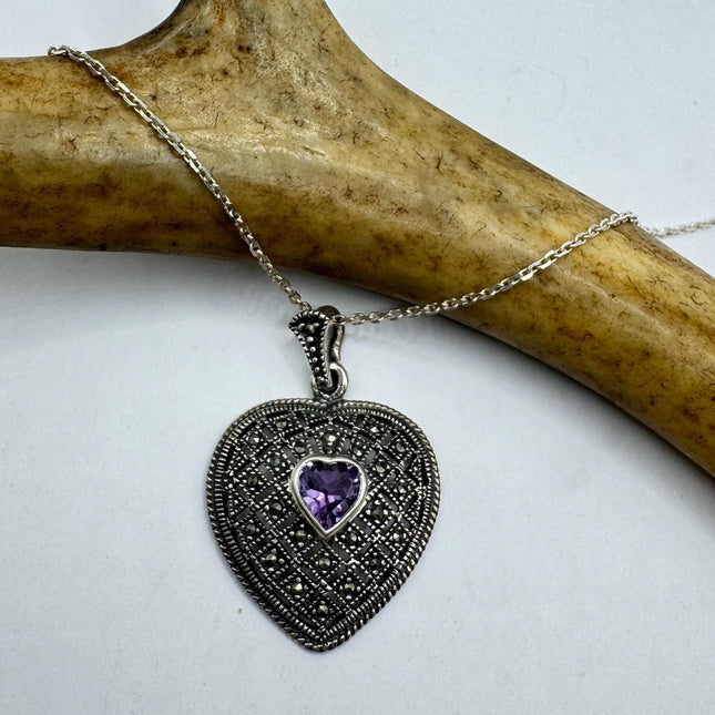 Vintage Marcasite purple amethyst Heart Necklace Dainty 925 Sterling Silver Chain, Delicate Design