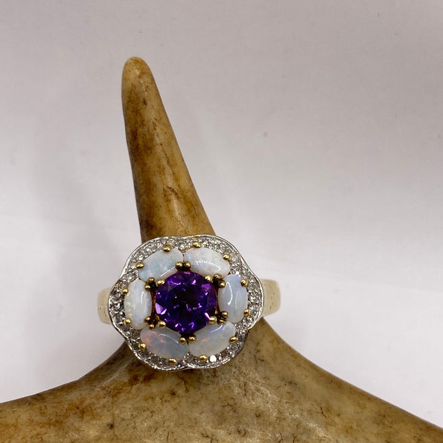 Vintage Purple Amethyst Opal Diamond Flower Ring Band Golden 925 Sterling Silver | Engagement Ring |Promise Ring