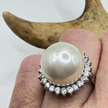 Vintage White Pearl Cocktail Ring Band 925 Sterling Silver