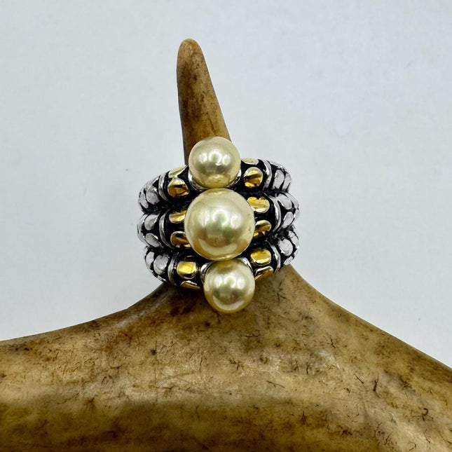 Vintage Pearl Cocktail Ring Band Gold 925 Sterling Silver