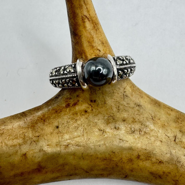 Vintage Hemetite Pearl Marcasite Cocktail Ring Band 925 Sterling Silver
