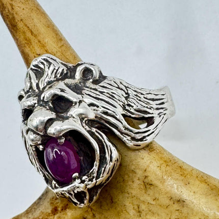 Vintage Silver Lion Ring | Boho Leo Lion Red Ruby Gemstone Eye | 925 Sterling Silver Antique Style Statement Ring | Size 8