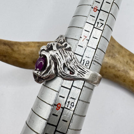 Vintage Silver Lion Ring | Boho Leo Lion Red Ruby Gemstone Eye | 925 Sterling Silver Antique Style Statement Ring | Size 8