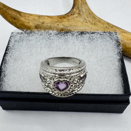 Vintage Purple Amethyst Heart Ring Band 925 Sterling Silver cocktail statement ring