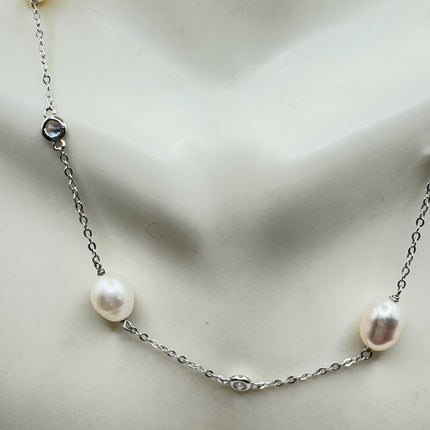 Vintage Silver Pendant Necklace | White Pearl Gemstone Crystal Birthstone 925 Sterling Silver Station Necklace