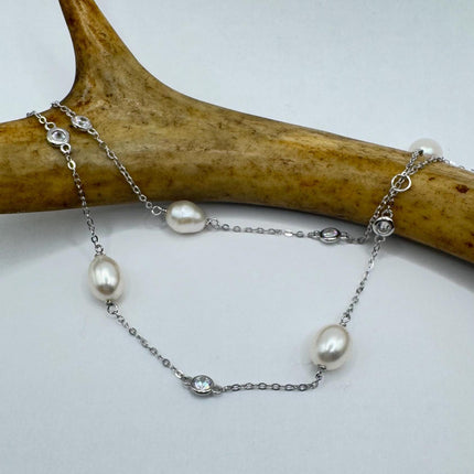 Vintage Silver Pendant Necklace | White Pearl Gemstone Crystal Birthstone 925 Sterling Silver Station Necklace