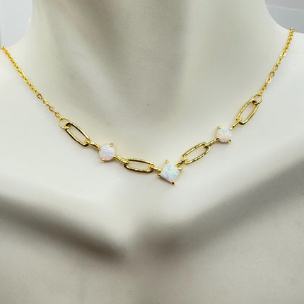 Vintage Silver Necklace | Tiny White Fire Opal Gemstone Crystal Diamond | 925 Sterling Silver Minimalist Charm Pendant Chain Necklace