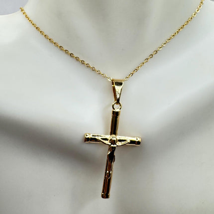 Vintage 9k Gold Filled Cross Necklace on Etched Gold Filled Chain - Small Crucifix Pendant for Layering and Stacking
