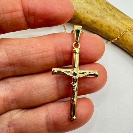 Vintage 9k Gold Filled Cross Necklace on Etched Gold Filled Chain - Small Crucifix Pendant for Layering and Stacking