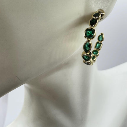 vintage gold Emerald green hoop earrings Minimalist Deco Gold 925 Sterling Silver Hoop Earrings