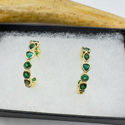 vintage gold Emerald green hoop earrings Minimalist Deco Gold 925 Sterling Silver Hoop Earrings