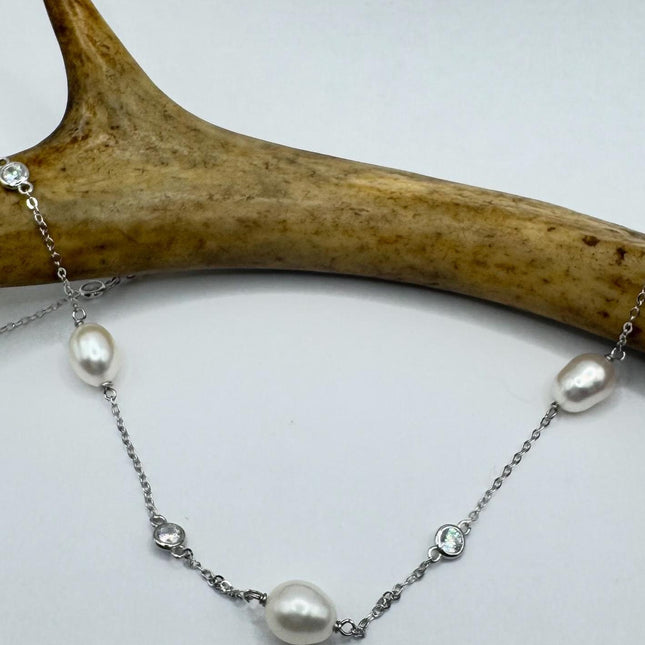Vintage Silver Pendant Necklace | White Pearl Gemstone Crystal Birthstone 925 Sterling Silver Station Necklace