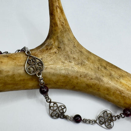 Vintage Red Garnet Heart Charm Bracelet - Dainty Stackable Layered Every day 925 Sterling Silver