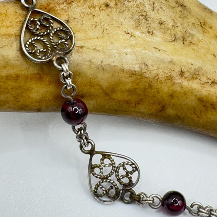 Vintage Red Garnet Heart Charm Bracelet - Dainty Stackable Layered Every day 925 Sterling Silver