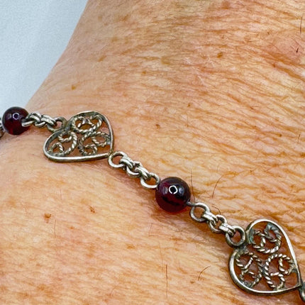 Vintage Red Garnet Heart Charm Bracelet - Dainty Stackable Layered Every day 925 Sterling Silver