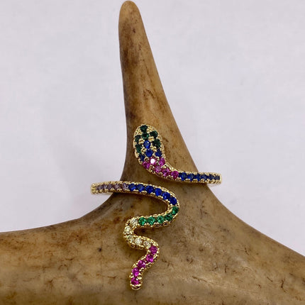 Vintage Gold Snake Ring | Green and Cubic Zirconia Crystal Diamond Gemstones 9k Gold Filled Band | Unique Gift Serpent Statement Ring