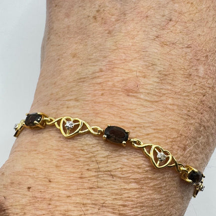 Vintage Smoky Topaz Heart Silver Tennis Bracelet |Diamond Chip Gold 925 Sterling Silver Stackable Everyday Prom Jewelry
