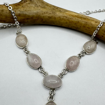 Vintage Pink Rose Quartz Silver Boho Statement Necklace