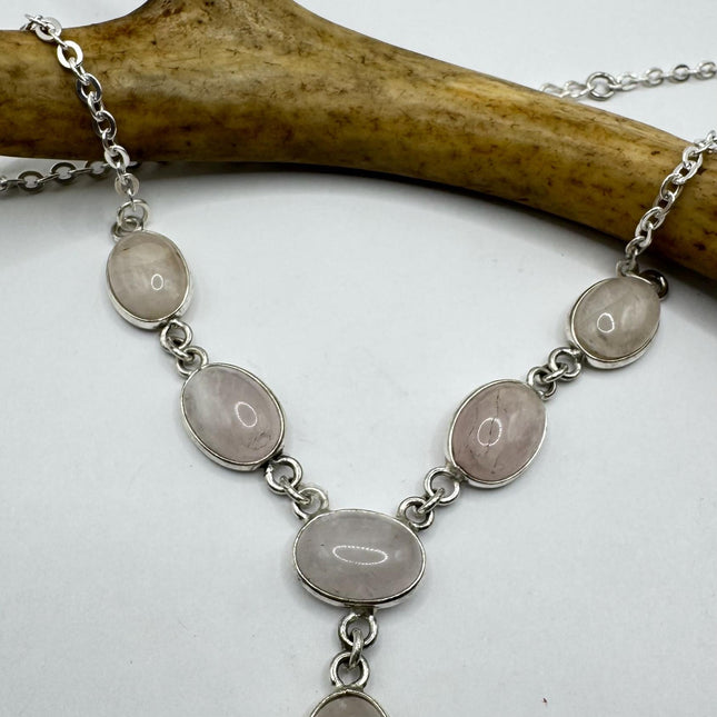 Vintage Pink Rose Quartz Silver Boho Statement Necklace