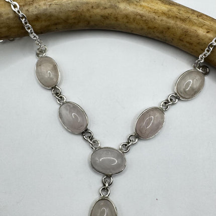 Vintage Pink Rose Quartz Silver Boho Statement Necklace