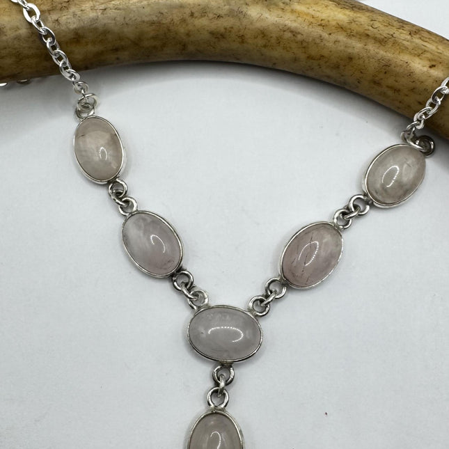 Vintage Pink Rose Quartz Silver Boho Statement Necklace