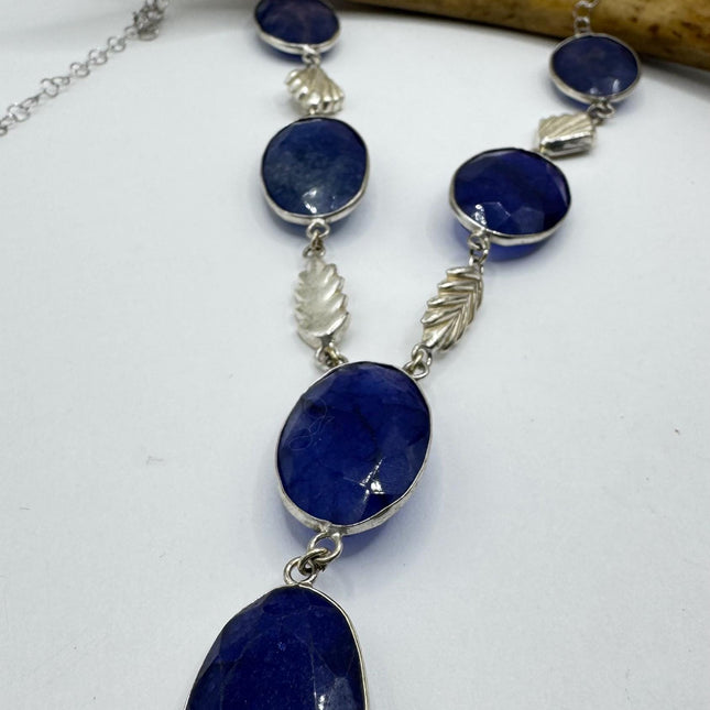 Vintage Raw Blue Sapphire Silver Boho Statement Necklace