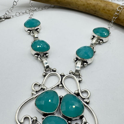 Vintage Blue Chalcedony Silver Boho Statement Necklace