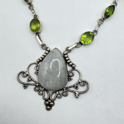 vintage Green Peridot Rainbow Moonstone Boho Statement Necklace