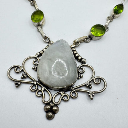 vintage Green Peridot Rainbow Moonstone Boho Statement Necklace