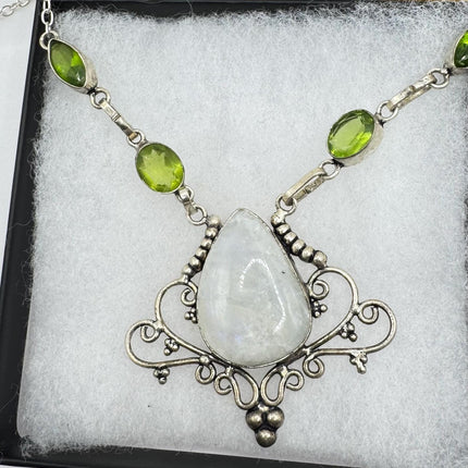 vintage Green Peridot Rainbow Moonstone Boho Statement Necklace