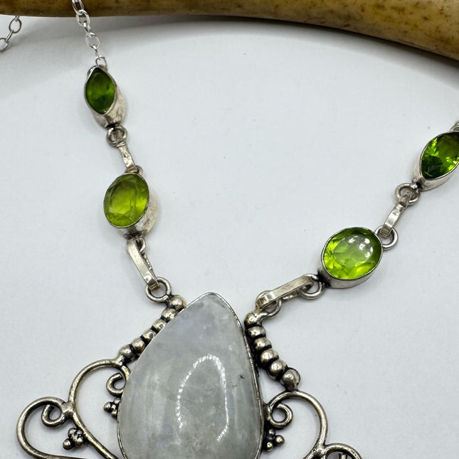 vintage Green Peridot Rainbow Moonstone Boho Statement Necklace
