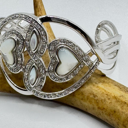 Vintage Mother of Pearl heart Cuff Silver Bangle