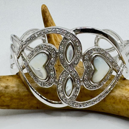Vintage Mother of Pearl heart Cuff Silver Bangle