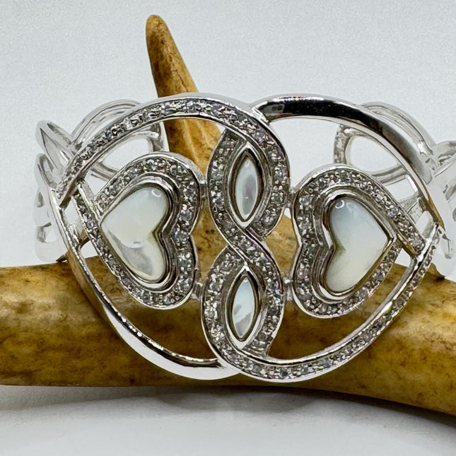 Vintage Mother of Pearl heart Cuff Silver Bangle