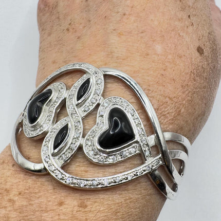 vintage black Onyx heart Cuff Silver Bangle