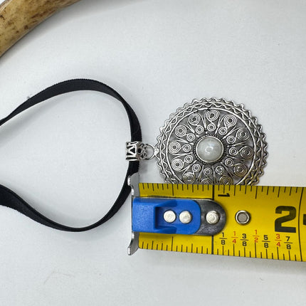 Vintage White Bronze Rainbow Moonstone Black Velvet Choker Pendant Necklace