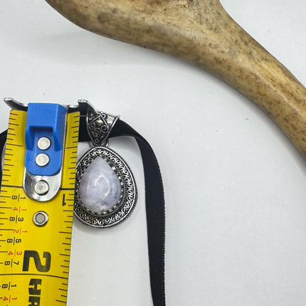 Vintage Silver Bronze Rainbow Moonstone Black Velvet Choker Pendant Necklace