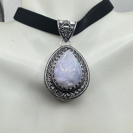 Vintage Silver Bronze Rainbow Moonstone Black Velvet Choker Pendant Necklace