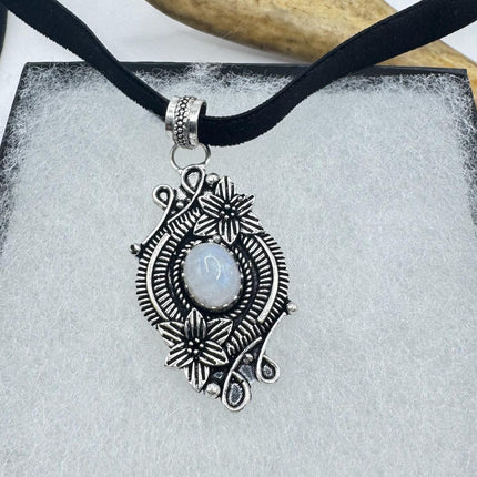 Vintage Silver Bronze Rainbow Moonstone Black Velvet Choker Pendant Necklace