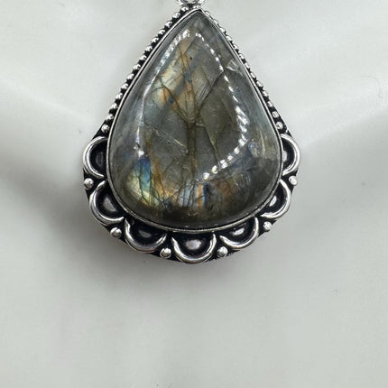 Vintage Silver Bronze Rainbow Moonstone Black Velvet Choker Pendant Necklace