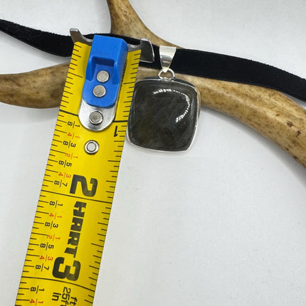 Vintage Silver Bronze Rainbow Labradorite Black Velvet Choker Pendant Necklace